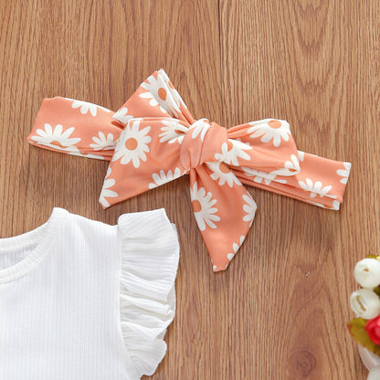 Infant And Toddler Suits Baby Girl Dark Button White Top  Printed Shorts Suit Thre-piece Set