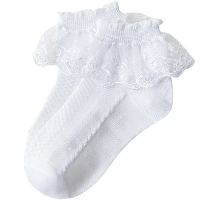 10 Pairs Baby Girls Socks – Lace Ruffle Princess Ankle Socks, Breathable Cotton Mesh for Toddlers, White, Pink & Blue